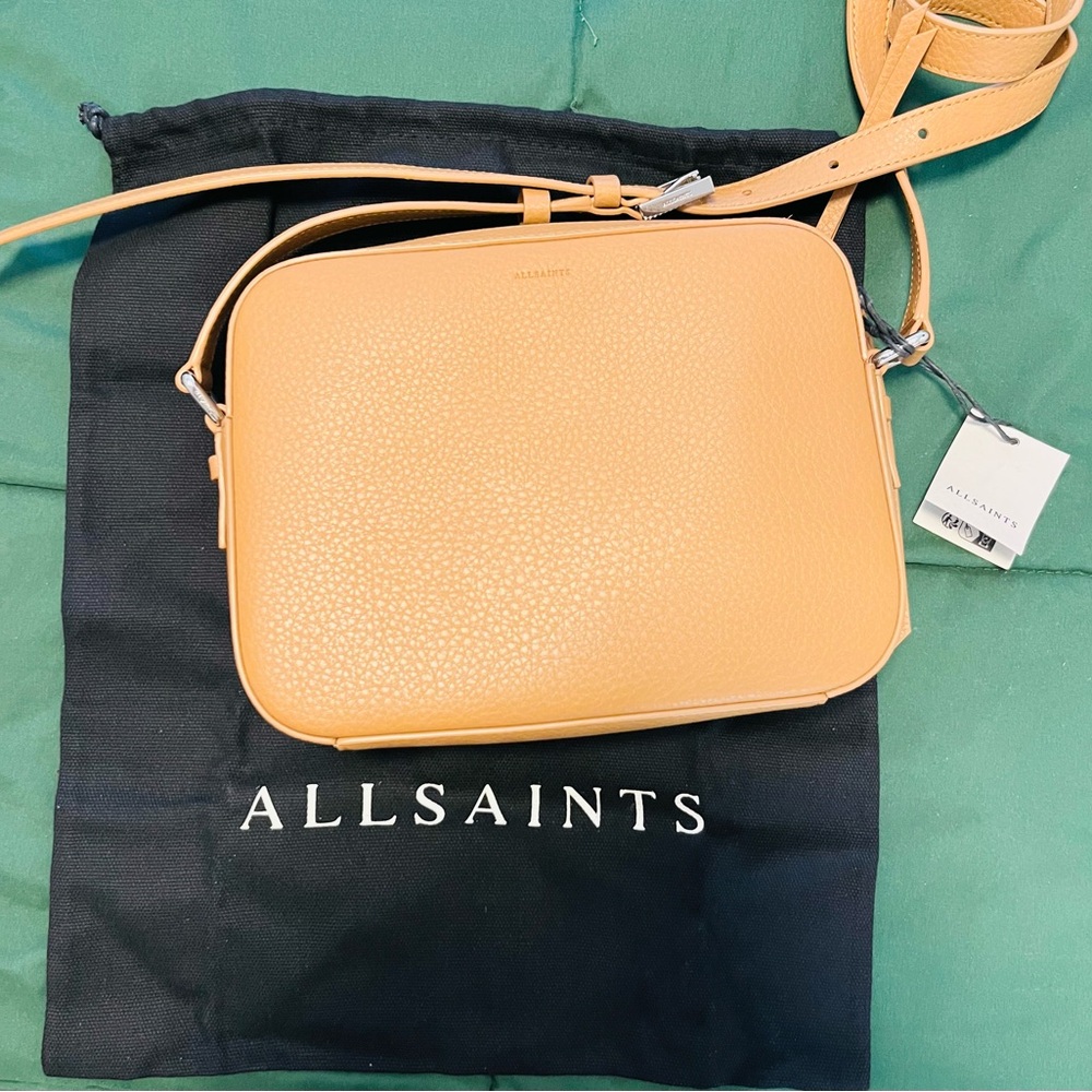 All Saints Tan Crossbody Camera Bag with Zipper Closure